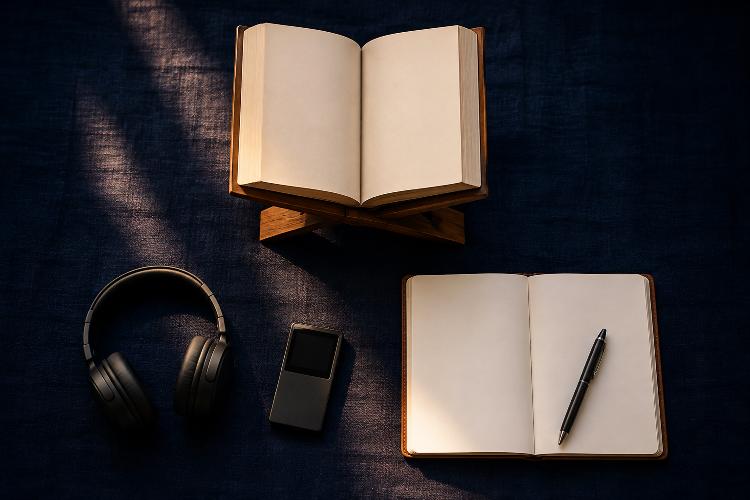 An overhead arrangement separates an unmarked sacred book, audio headphones, and a blank notebook into three distinct study areas.