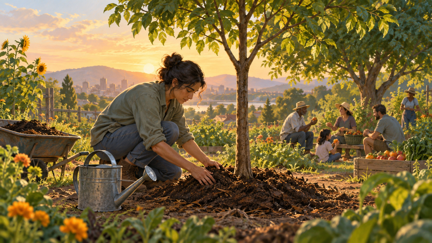 A person quietly tends a young tree in a community garden while neighbors gather beneath mature trees in the background.