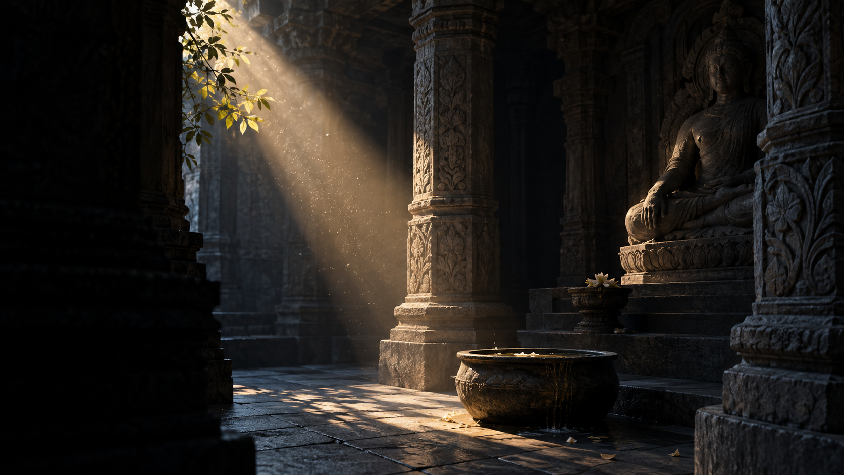 Morning light enters a stone sanctuary and reveals the details of pillars, leaves, a vessel, and a sculpture emerging from shadow.