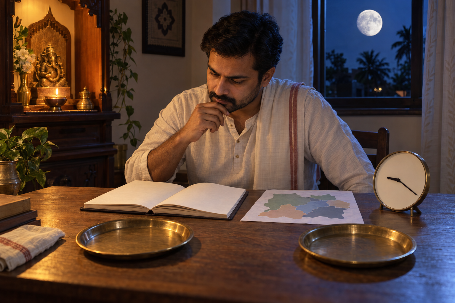 A devotee consults an unmarked almanac and a numeral-free evening clock beside a home shrine and two ritual trays.