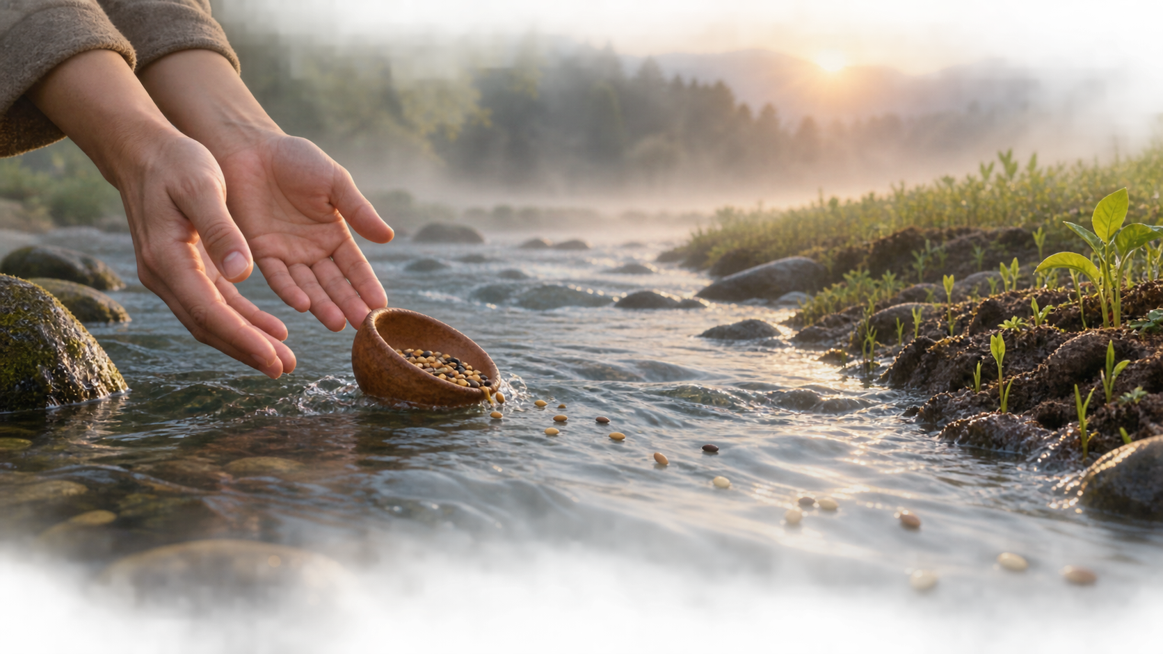 Open hands release a small clay bowl of seeds into a stream flowing toward green shoots on the riverbank.