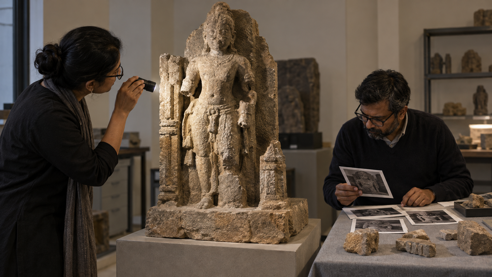 Two researchers examine the attributes, base, and weathered details of an unidentified stone deity sculpture under soft raking light.