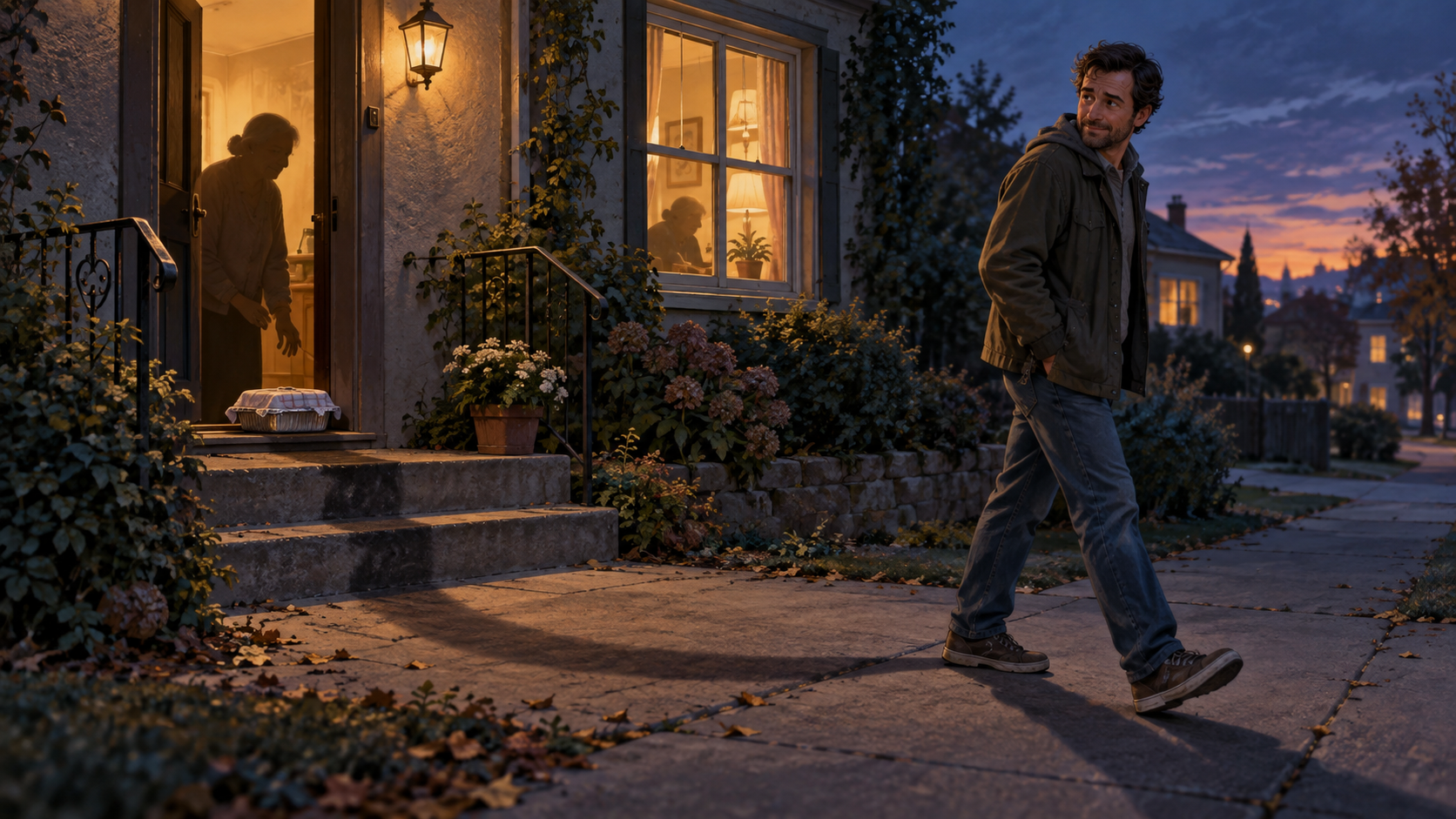 A volunteer walks away from a doorstep after leaving a meal and glances back toward the neighbor receiving it.