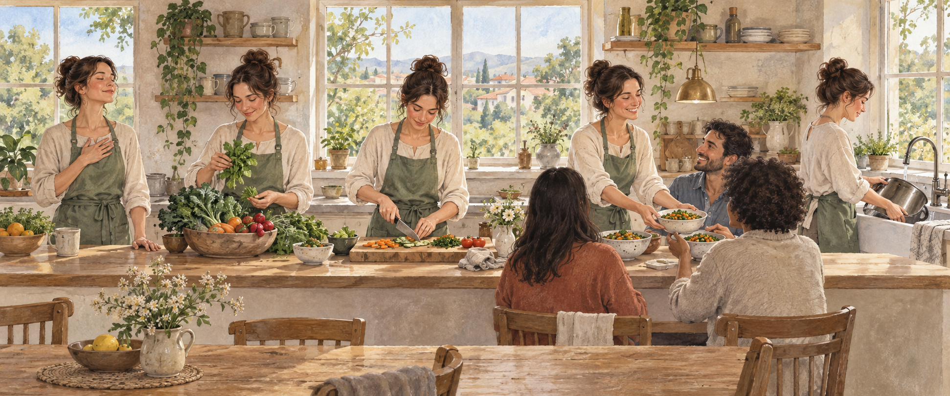 Five moments in one kitchen show a person pausing, preparing ingredients, cooking, serving others, and washing the pot.