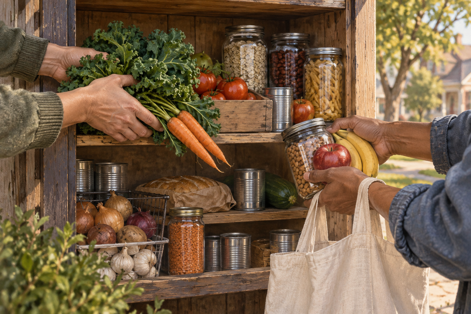 One pair of hands places fresh produce in a community pantry as another pair takes an item from the shelf.