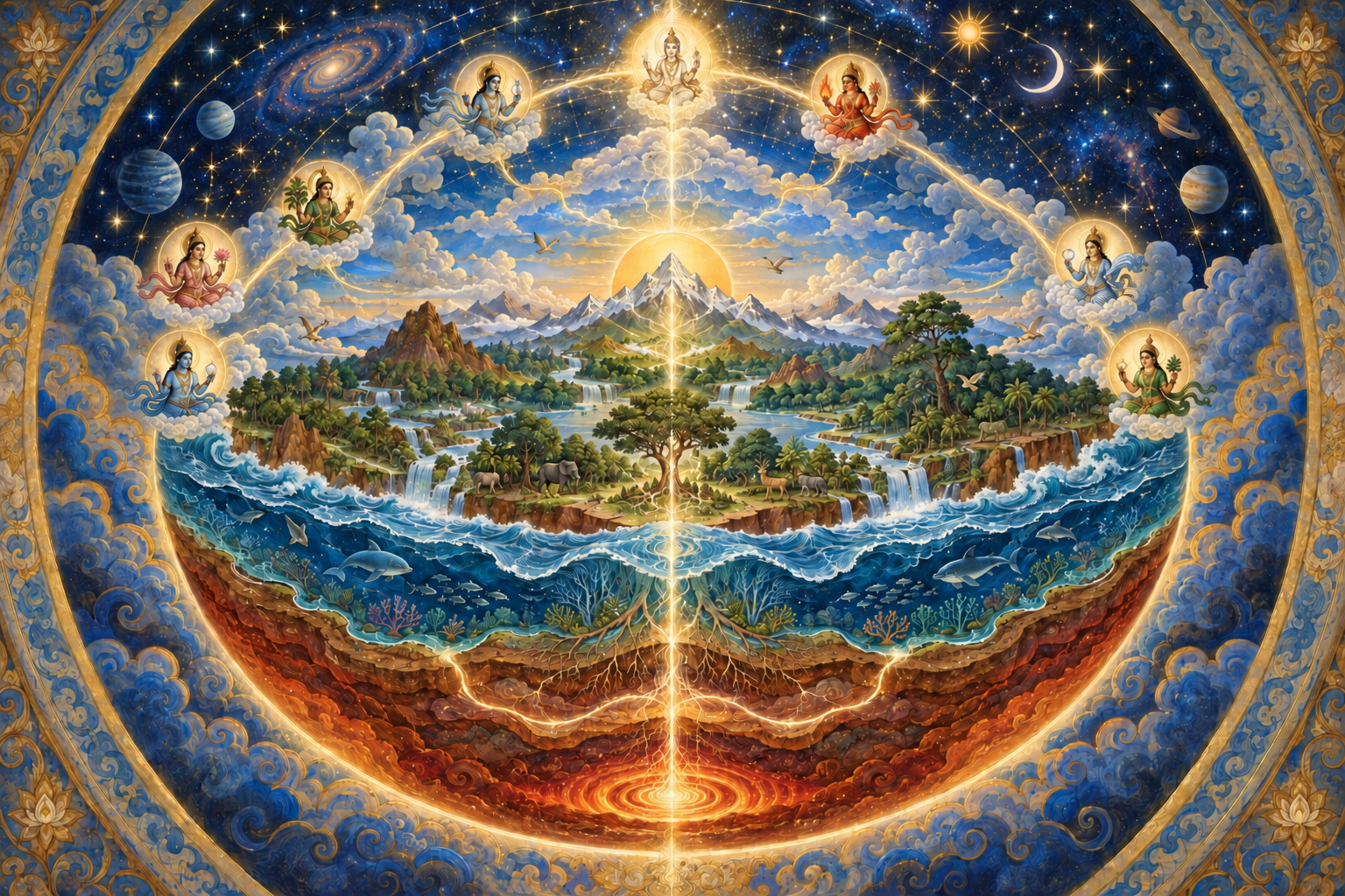 Eight small divine figures encircle layered earth, water, fire, clouds, and stars joined by a white-gold radiance.