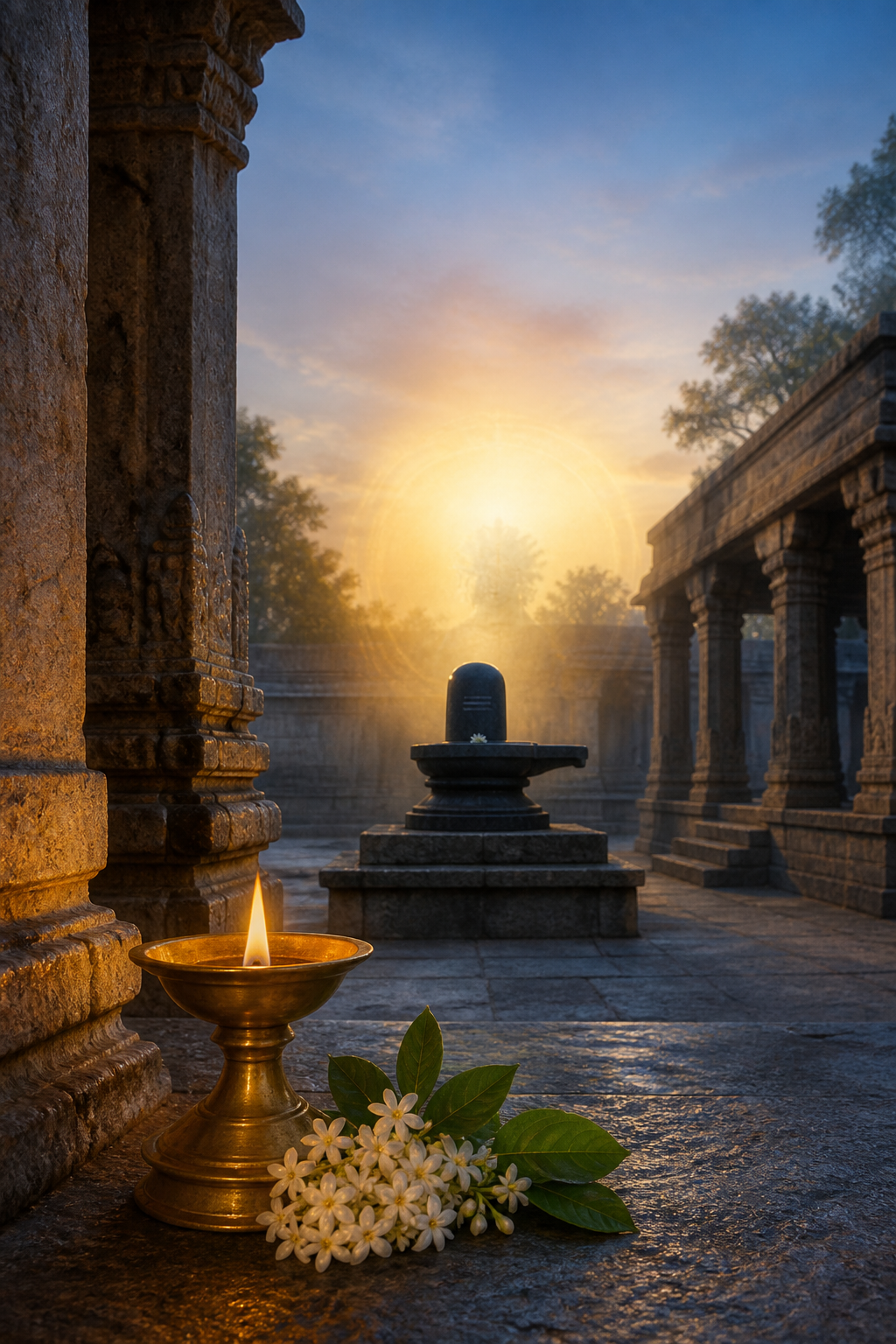 A glowing brass lamp and jasmine flowers in a granite Tamil Shaiva temple courtyard, with a subtle feminine aura near a Shiva shrine at dawn.