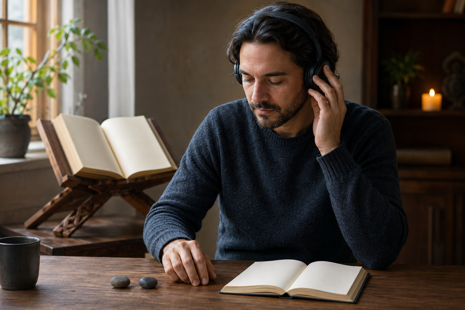 An anonymous listener pauses beside a sacred volume and blank notebook while considering two smooth stones on the desk.
