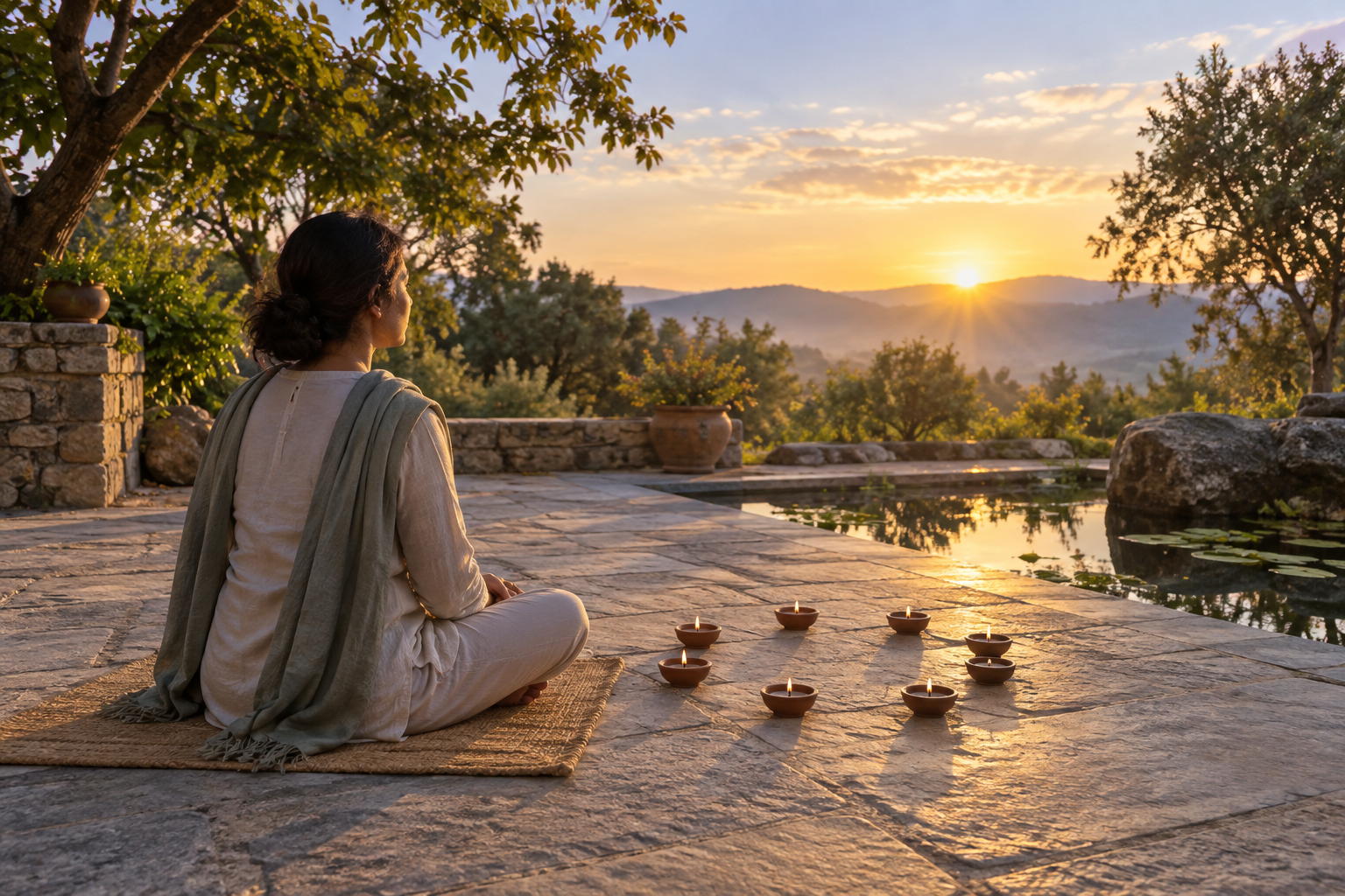 A person sits in quiet dawn contemplation beside eight clay lamps arranged in a circle in an open courtyard.