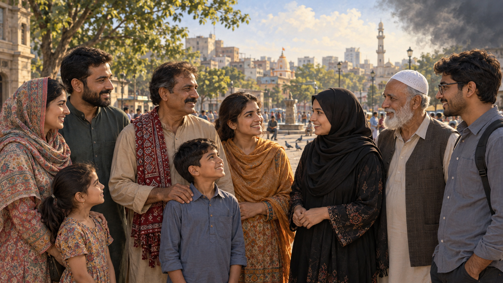Hindu and Muslim Pakistani residents stand together in a sunlit civic square with a temple dome and mosque minaret in the distance.