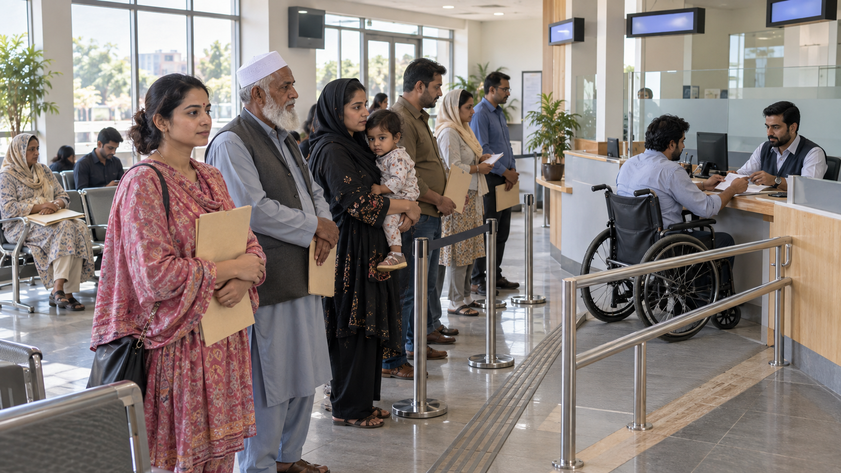 A diverse group of Pakistani residents waits for service at a bright, accessible municipal office.