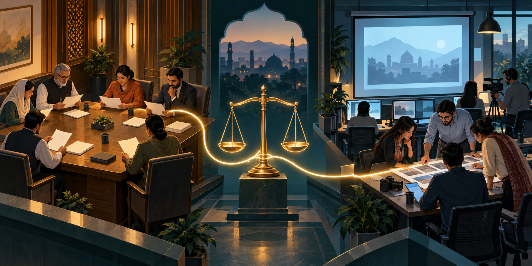 Fictional lawmakers and newsroom staff review information in connected rooms beside a set of balanced scales.