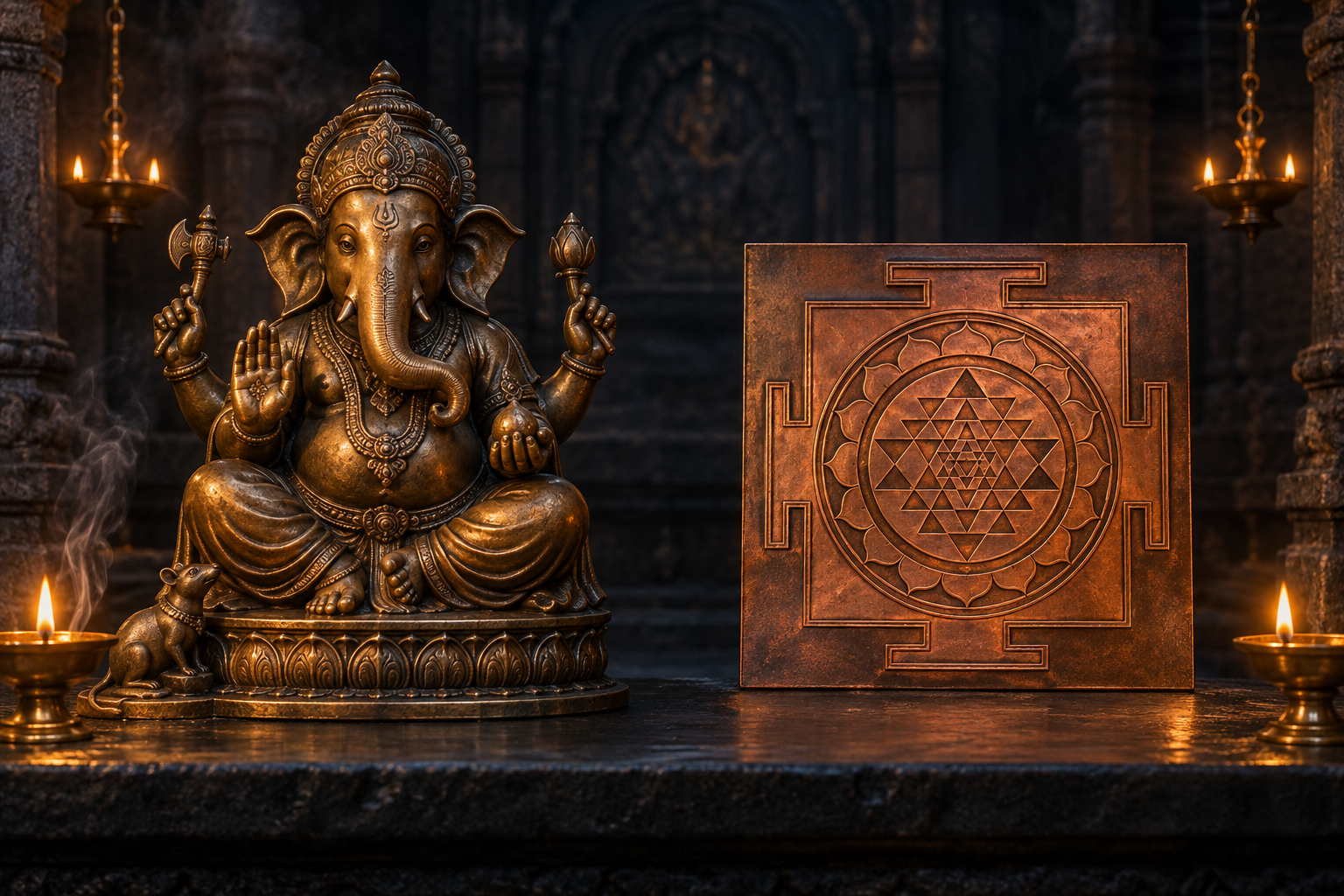 A bronze Ganesha murti and a copper yantra rest side by side on a dark stone altar illuminated by oil lamps.