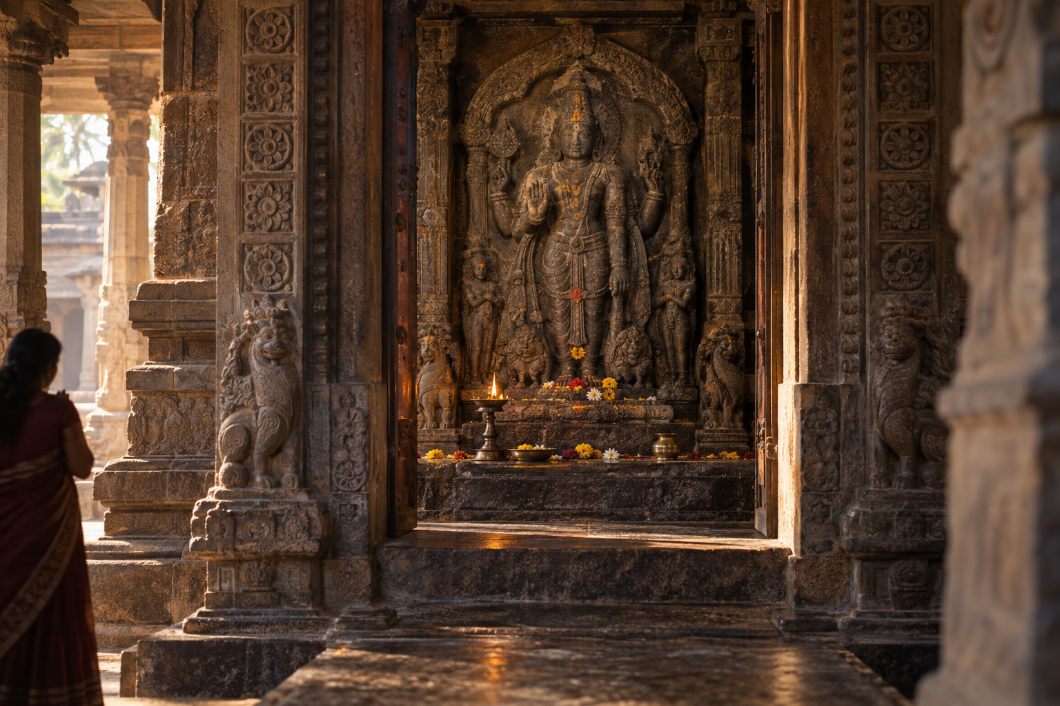 A weathered stone deity relief appears within a carved temple shrine with an oil lamp, flower offerings, and a devotee at the edge.