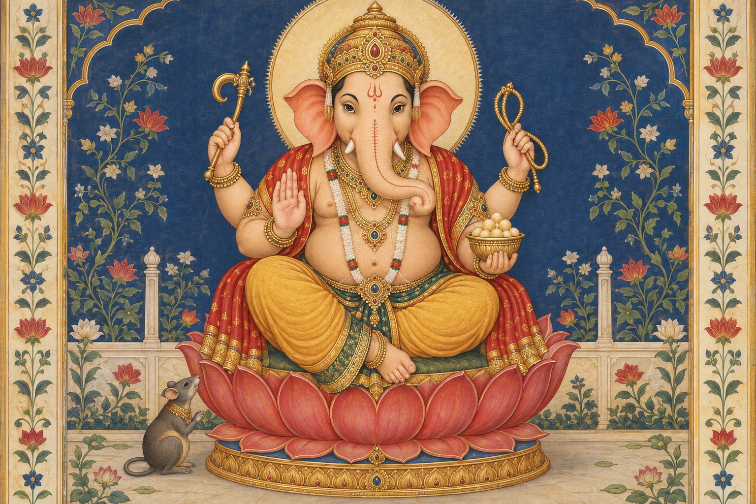 Ganesha sits on a lotus pedestal with four arms, traditional attributes, a bowl of sweets, a broken tusk, and a mouse beside him.