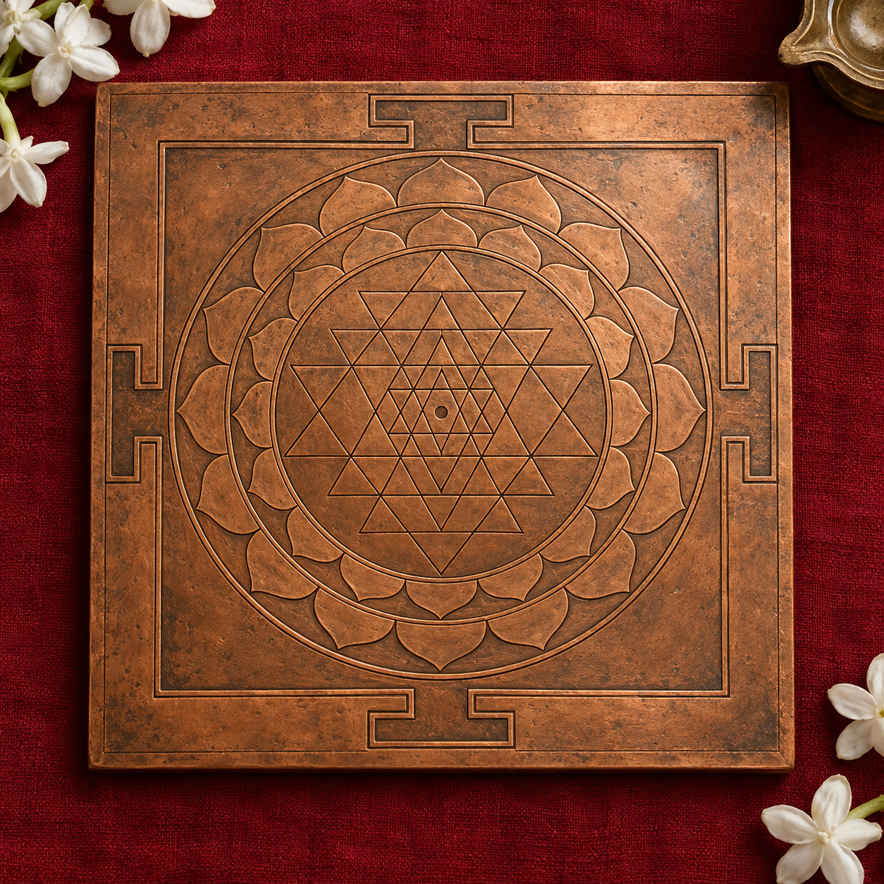 An engraved copper yantra with interlocking triangles, lotus-petal rings, a central point, and a four-gated square border rests on red cloth.