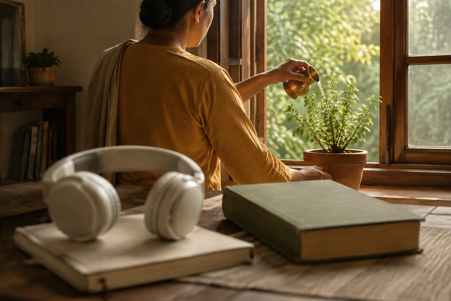 A learner waters a tulsi plant while headphones, a closed blank notebook, and an unmarked sacred book rest nearby.