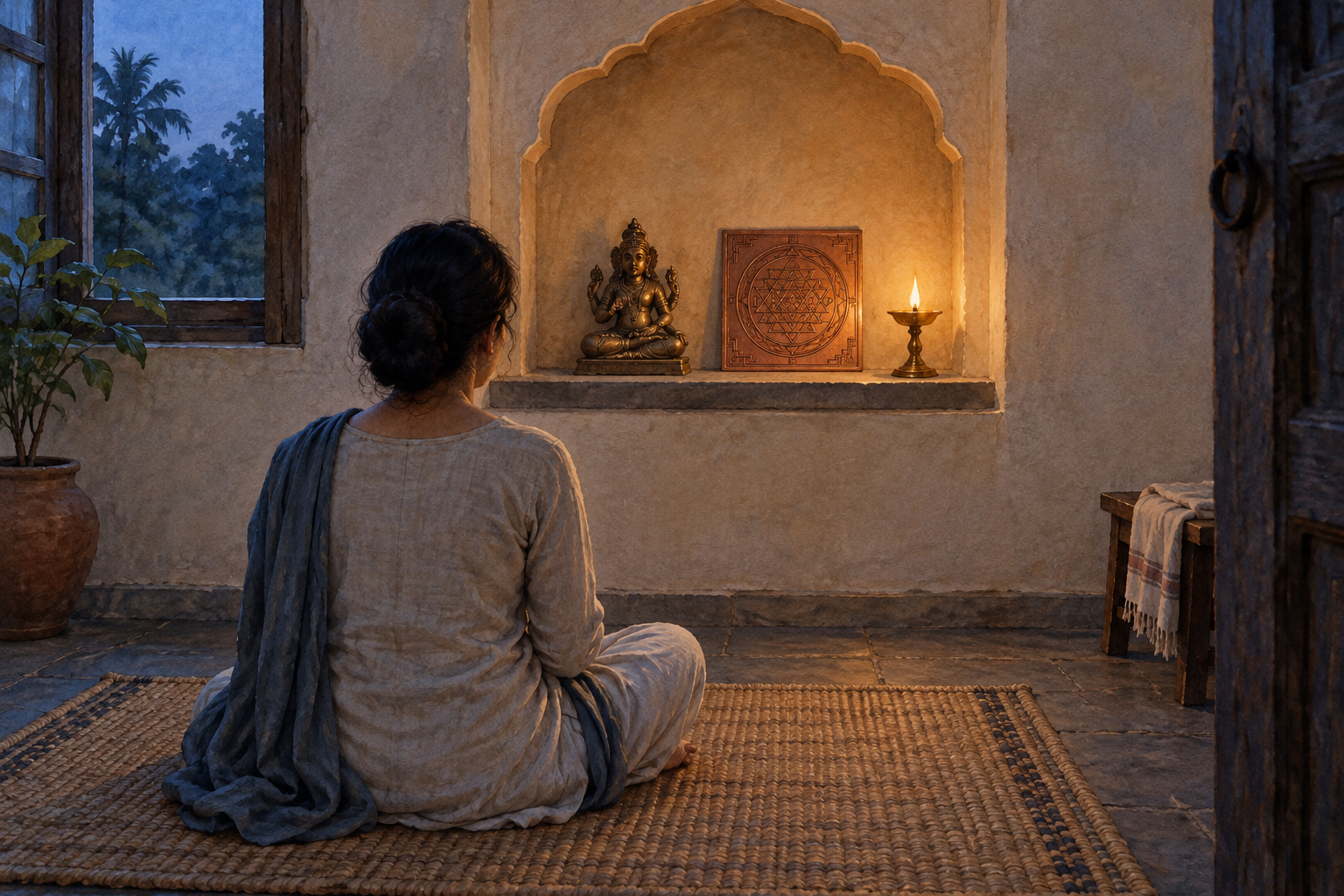 A seated practitioner quietly observes a small bronze murti and copper yantra arranged together in a simple lamplit home shrine.