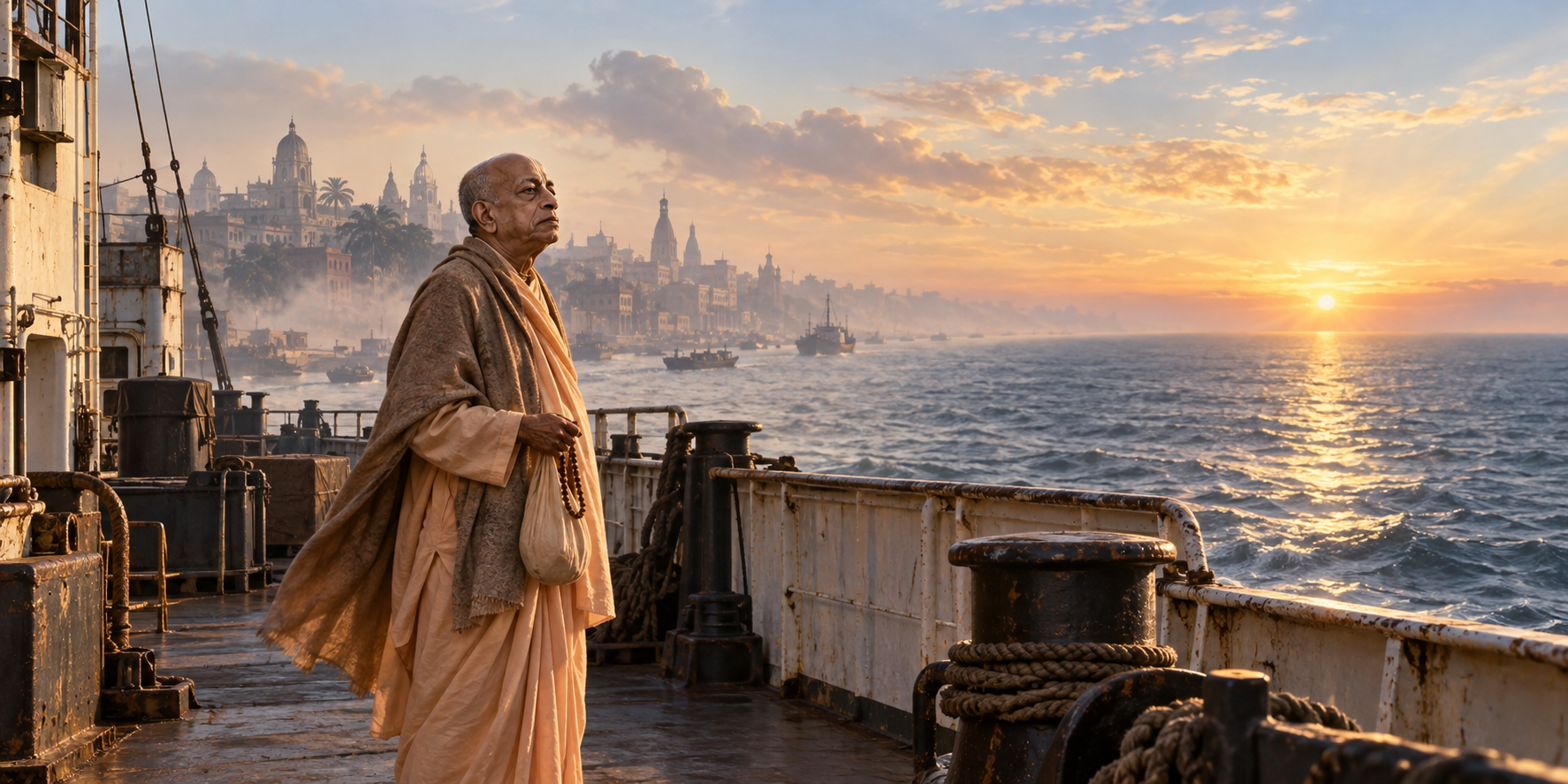 An elderly Vaishnava monk in saffron robes stands on a 1960s cargo ship as Kolkata recedes across the Hooghly River at dawn.