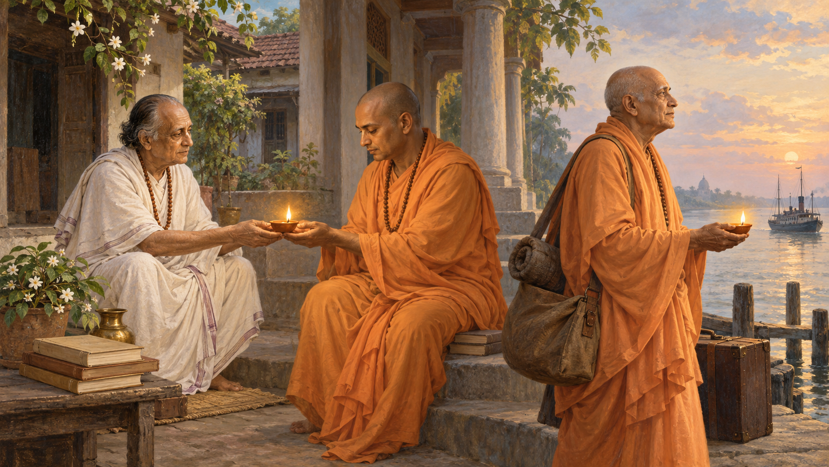 Three generations of Bengali Vaishnava teachers pass a glowing clay lamp from one to the next across changing historical settings.