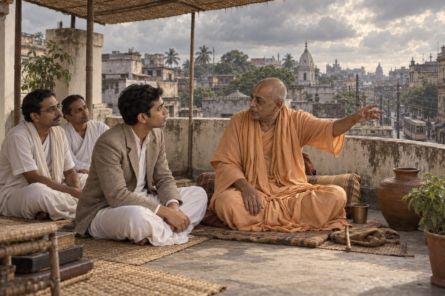 A young Bengali householder listens to an older Vaishnava teacher during a rooftop meeting in 1920s Kolkata.