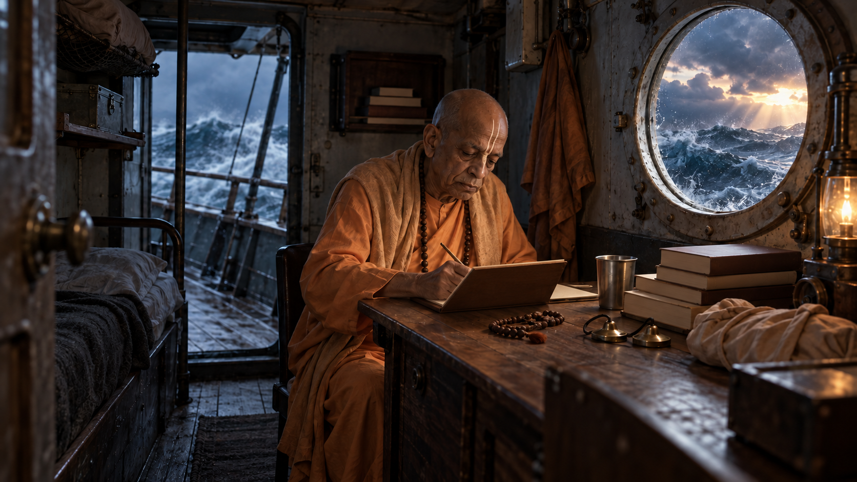 An elderly Vaishnava monk writes at a small desk inside a cargo ship cabin while rough seas show through the porthole.