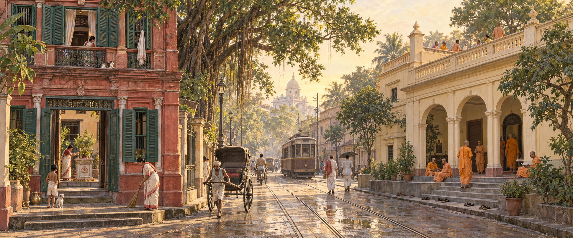 Two historic Kolkata settings are shown side by side: a traditional family residence and an early Gaudiya monastic building.