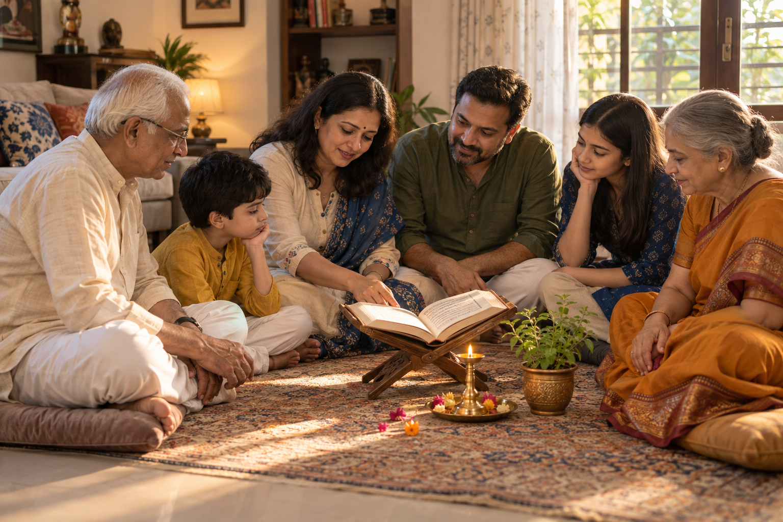 A multigenerational Indian family sits in a circle at home around an open sacred book and a small oil lamp.