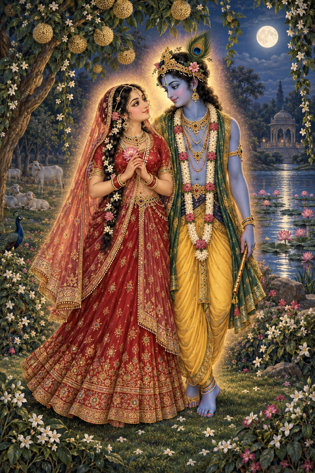 Radha and blue-skinned Krishna face one another in a moonlit Vrindavan grove, surrounded by flowers and a shared golden-rose aura.