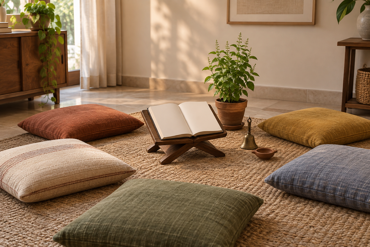 A sacred book on a wooden stand is surrounded by floor cushions, a clay lamp, and a tulsi plant in a quiet home.