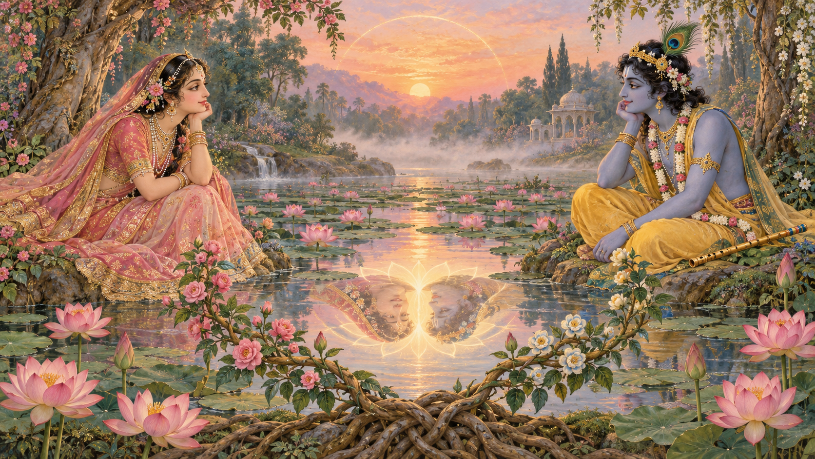 Radha and Krishna sit across a lotus pond as their reflections meet in a central glow and two flowering vines rise from one root.