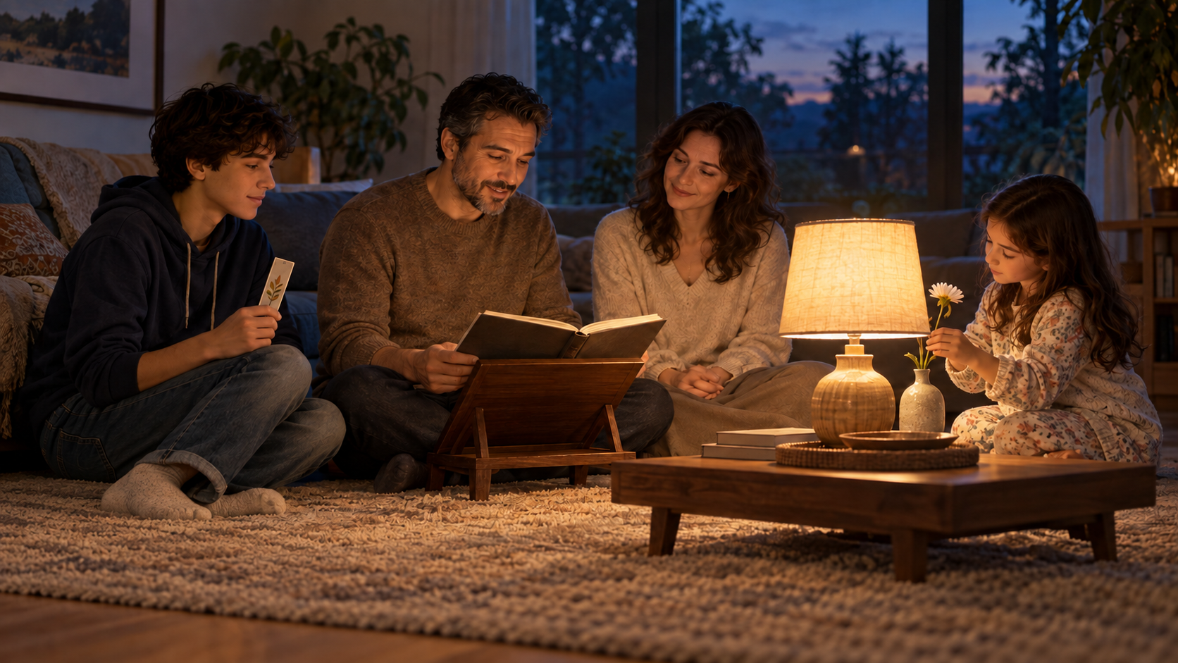 Four family members follow a calm evening reading routine around a sacred book, lamp, bookmark, and flower.