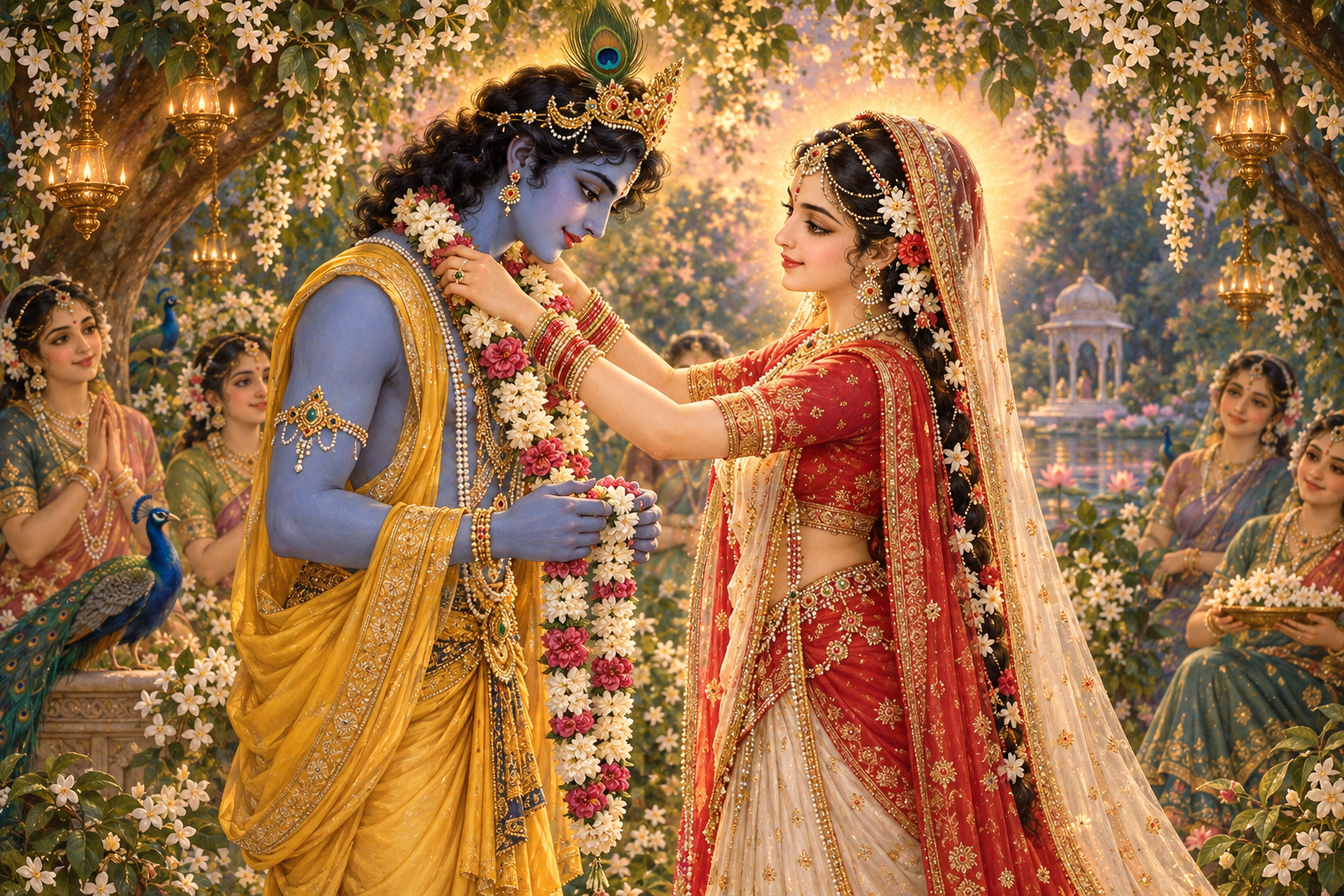 Radiant Radha garlands Krishna in a flowering grove while he holds another garland for her and companions watch nearby.