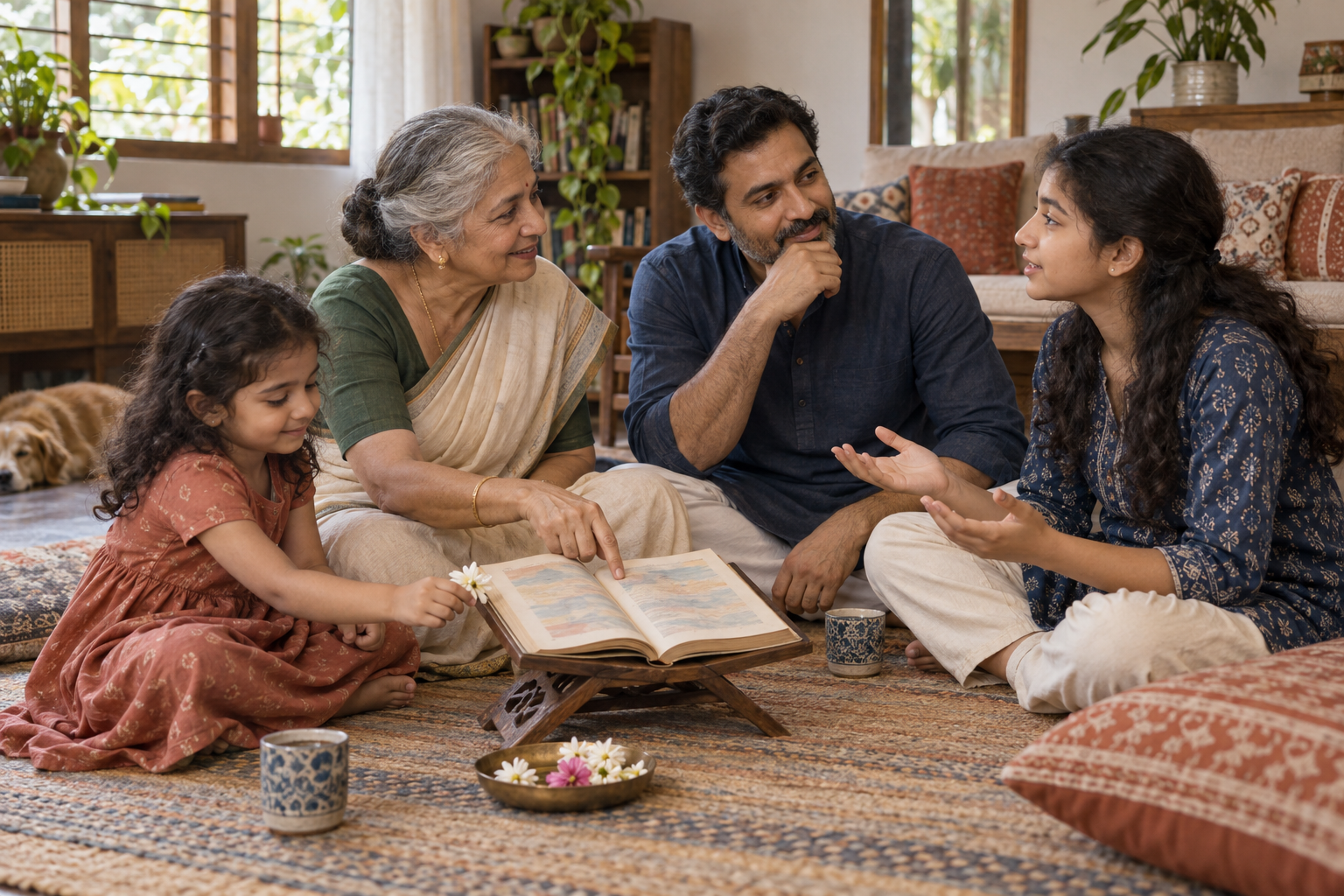 An elder, two adults, a teenager, and a child take part in a respectful discussion around an open sacred book.