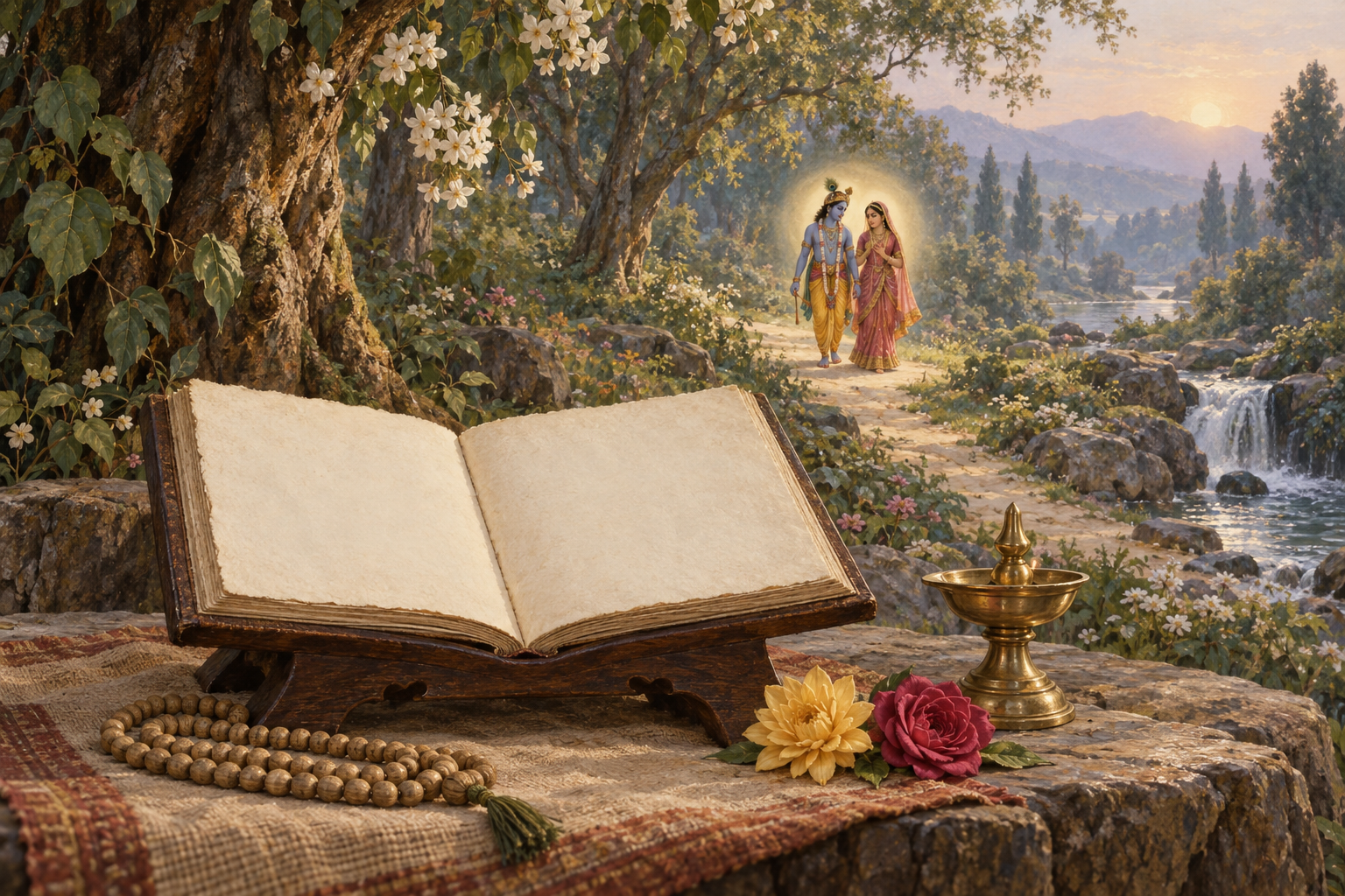 A blank open manuscript, prayer beads, lamp, and two flowers sit in the foreground while Radha and Krishna walk together in a distant grove.