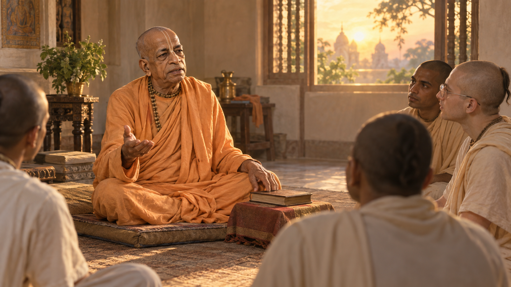 Srila Prabhupada sits in saffron robes on a simple cushion, calmly instructing disciples in a softly lit temple room.