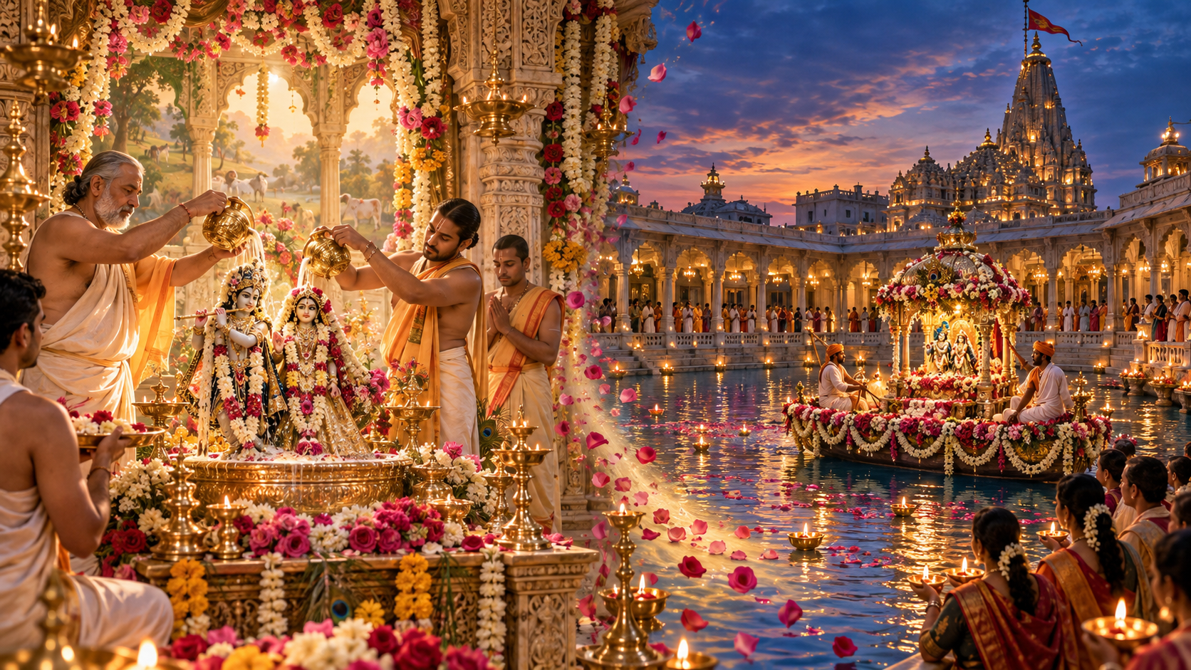 A diptych shows priests conducting a flower-filled temple abhishek in Vrindavan and a decorated shrine boat crossing a lit water pavilion in Dwarka.