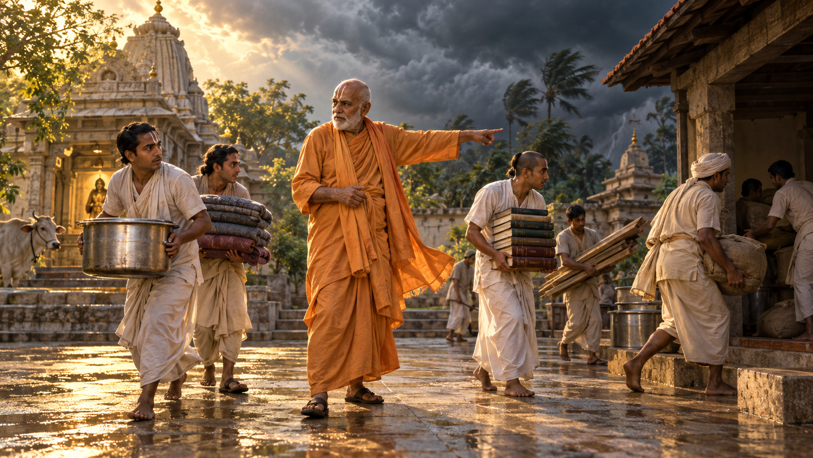 An elderly Vaishnava teacher directs disciples carrying supplies to shelter as storm clouds gather over a temple courtyard.