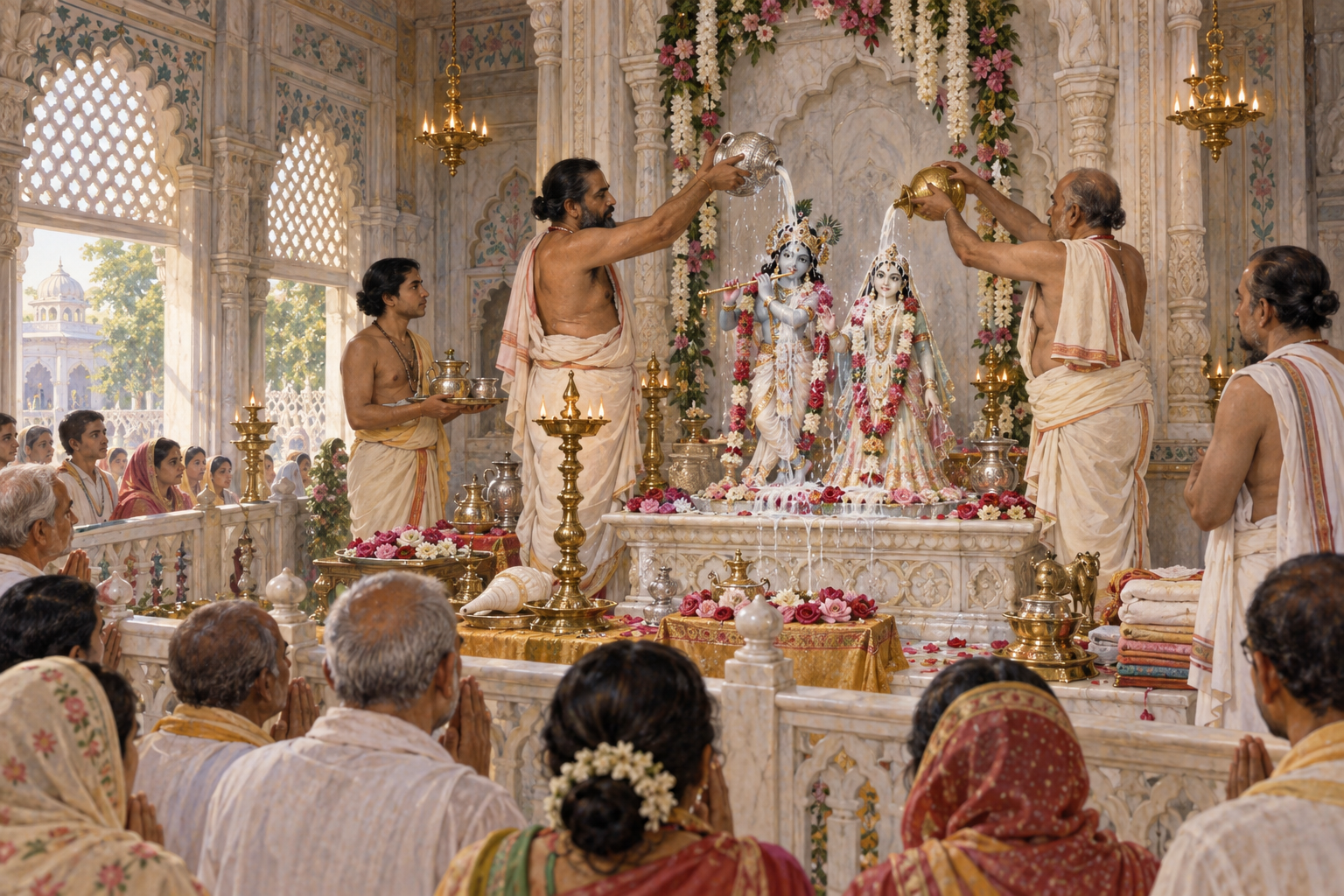 Priests pour ceremonial liquids over Radha and Krishna murtis on a flower-covered temple altar as devotees watch.