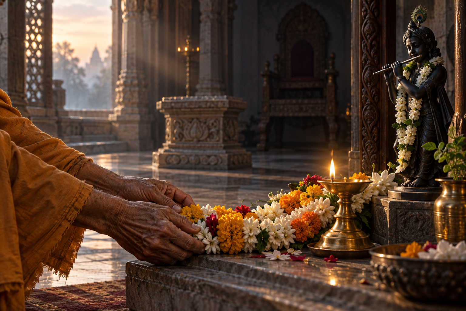 Aged hands in saffron sleeves place a flower garland and brass lamp before a simple Krishna altar while an empty ceremonial chair remains in shadow.