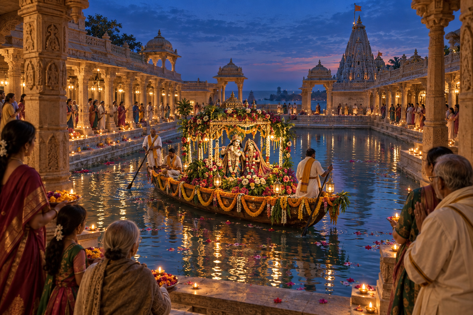 A flower-decorated ceremonial shrine boat moves across a temple water courtyard while devotees watch from sandstone colonnades.