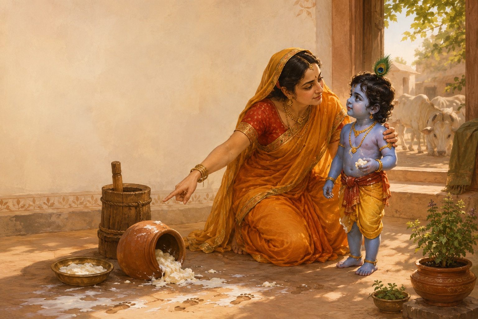 Yashoda kneels beside child Krishna in a courtyard, gesturing toward an overturned butter pot while gently holding his shoulder.