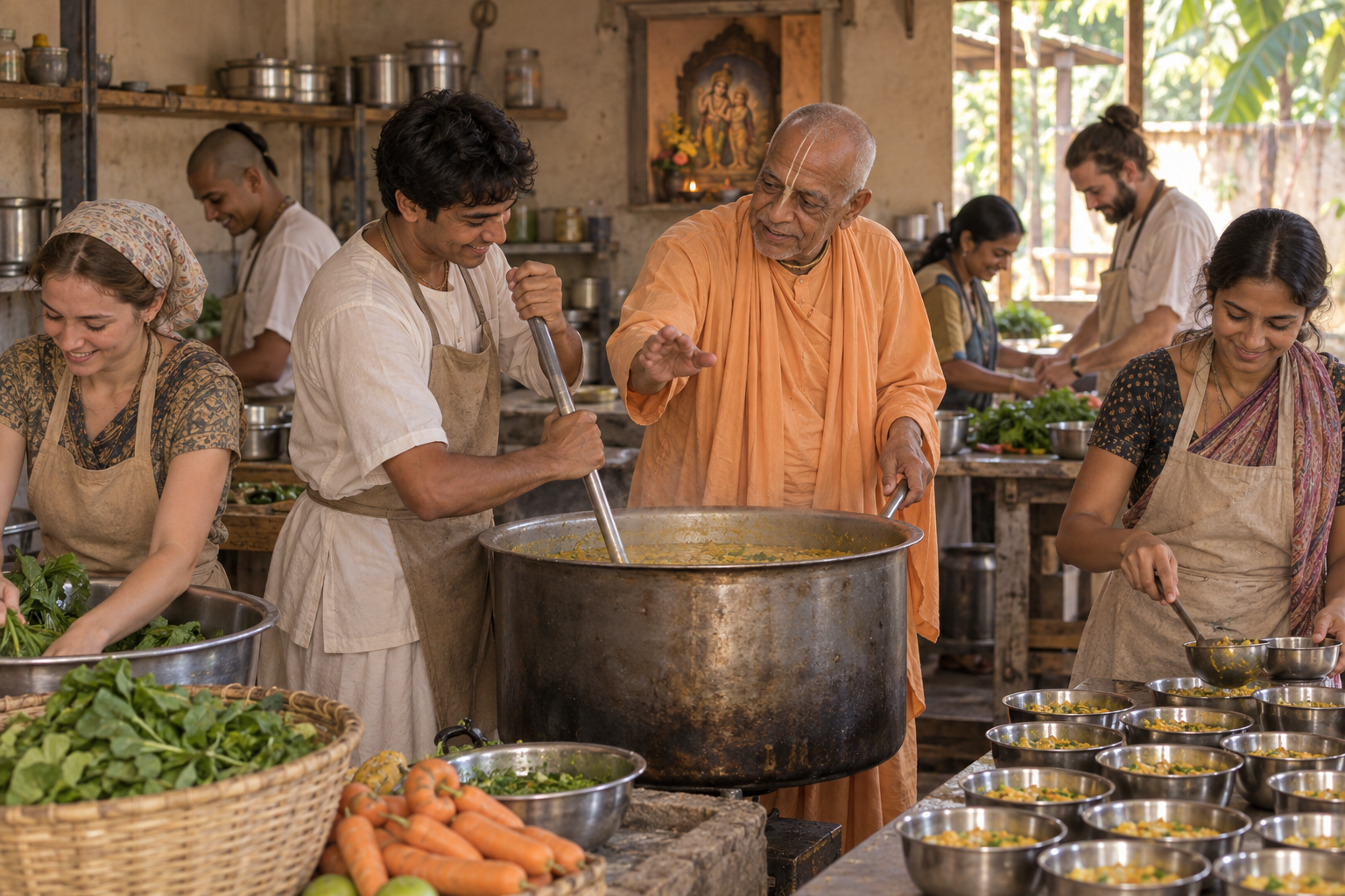 An elderly Vaishnava teacher works beside younger volunteers preparing food in a modest community kitchen.