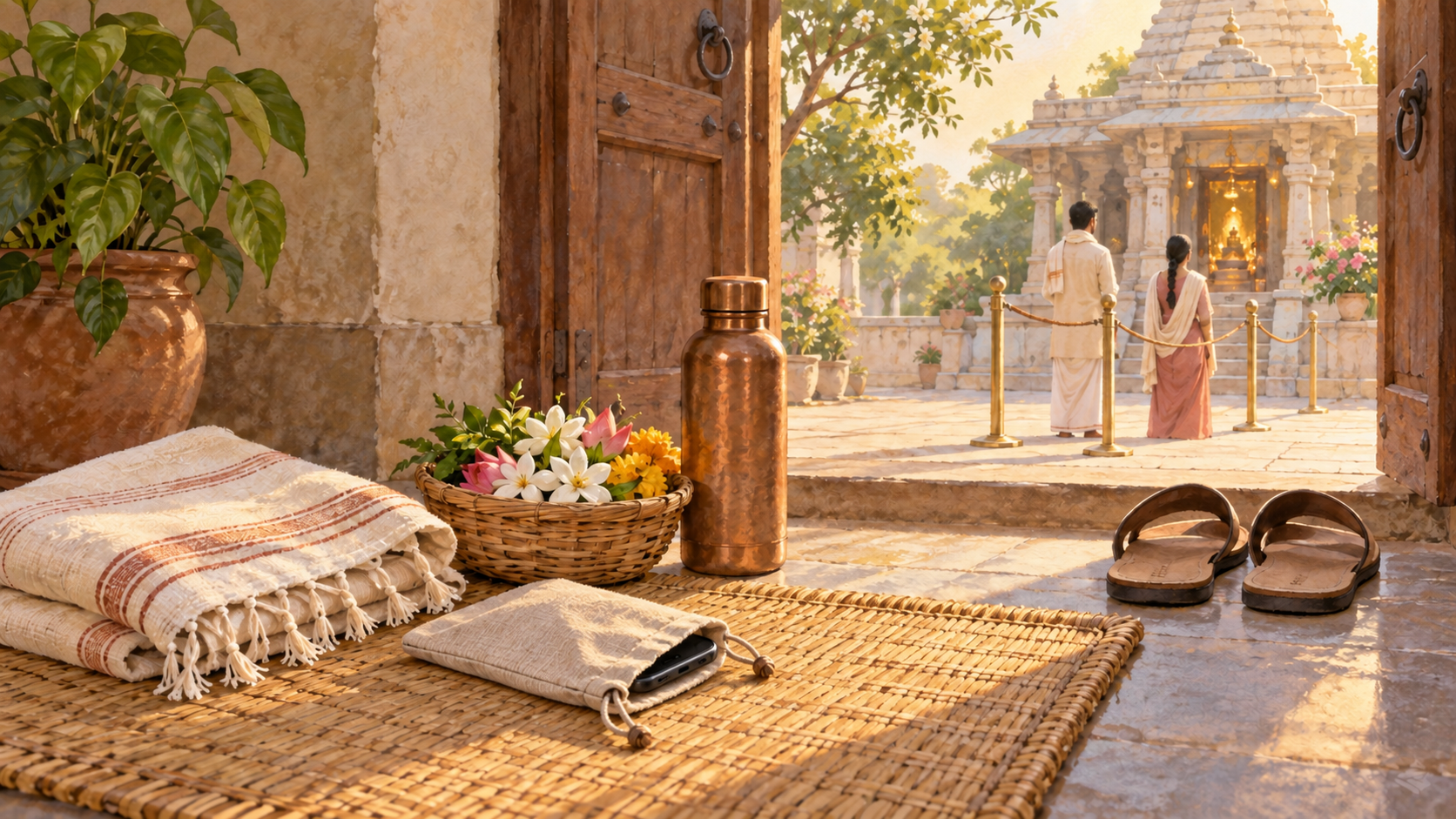 A folded shawl, flower basket, water vessel, shoes, and a phone in a cloth pouch are arranged near a temple entrance where devotees wait.
