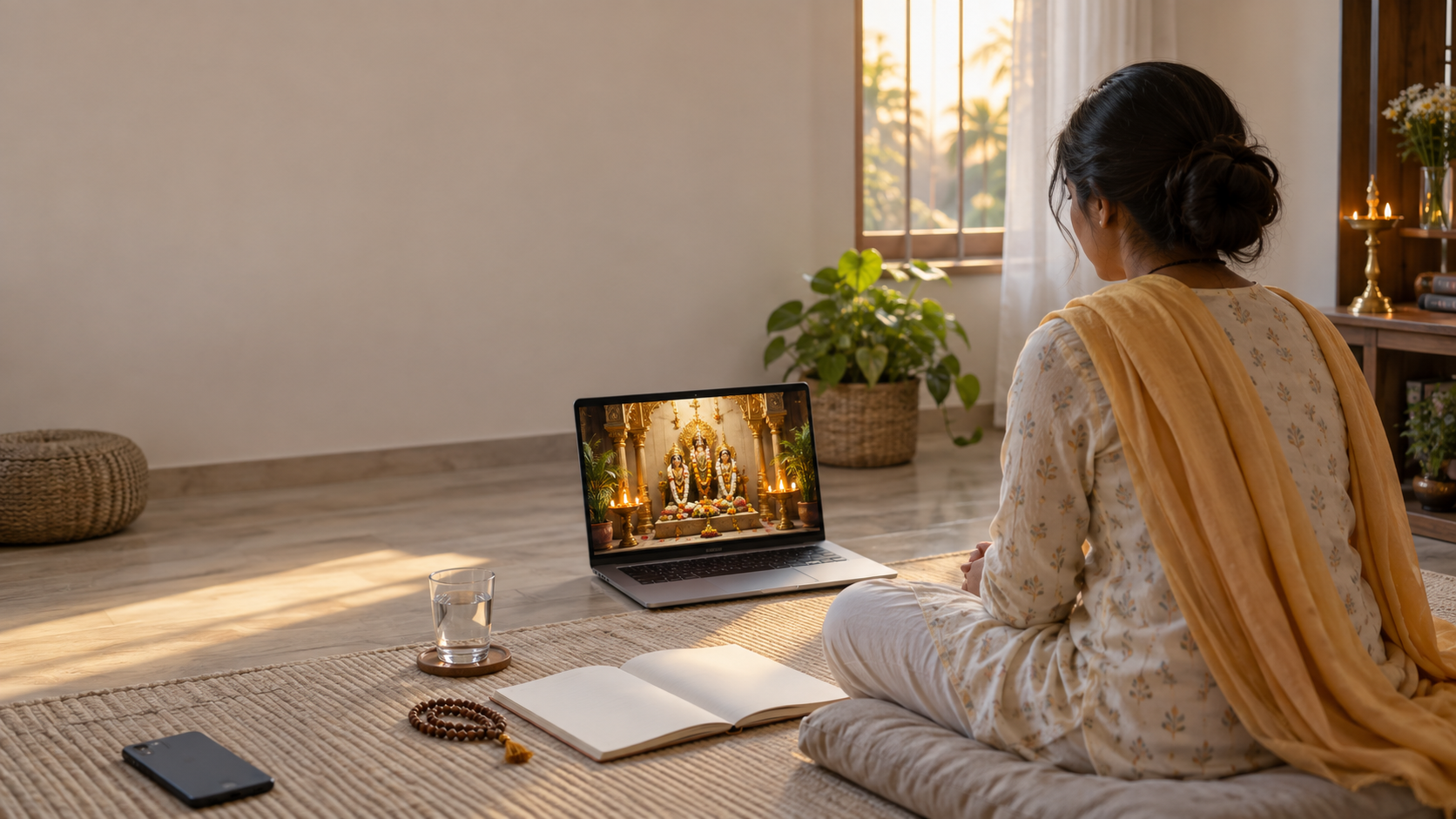 A devotee sits attentively before a laptop showing a flower-decorated temple altar, with prayer beads and a notebook nearby.