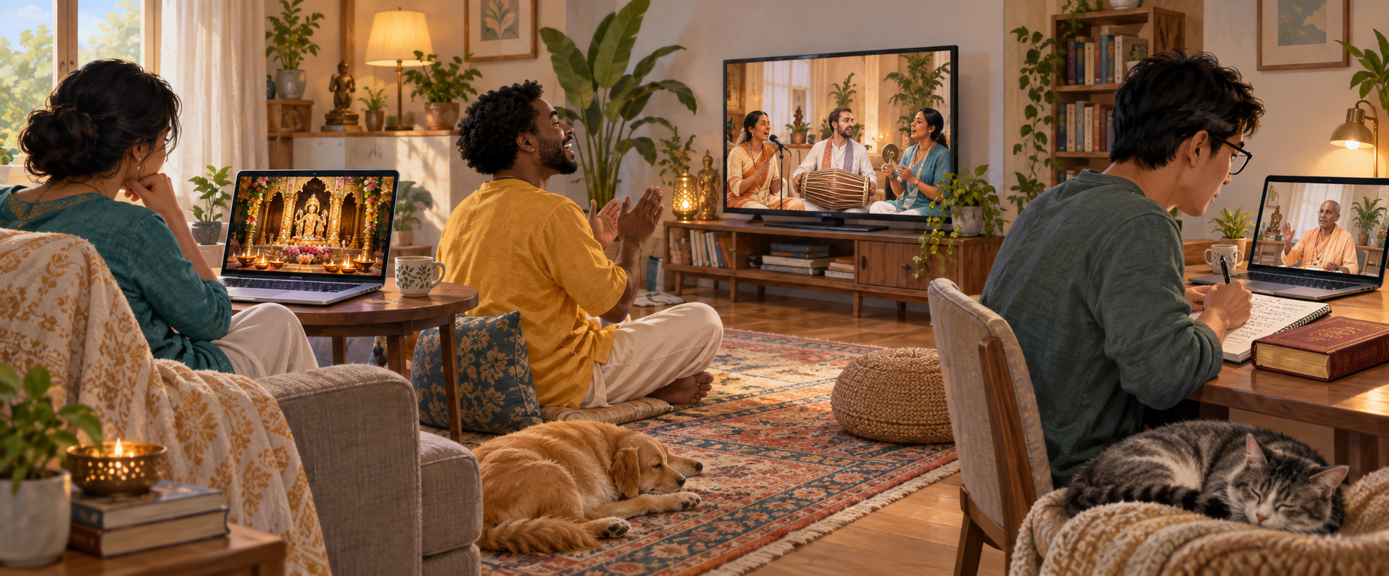 Three home participants respectively watch temple worship, sing along with a kirtan, and take notes during a scripture class.