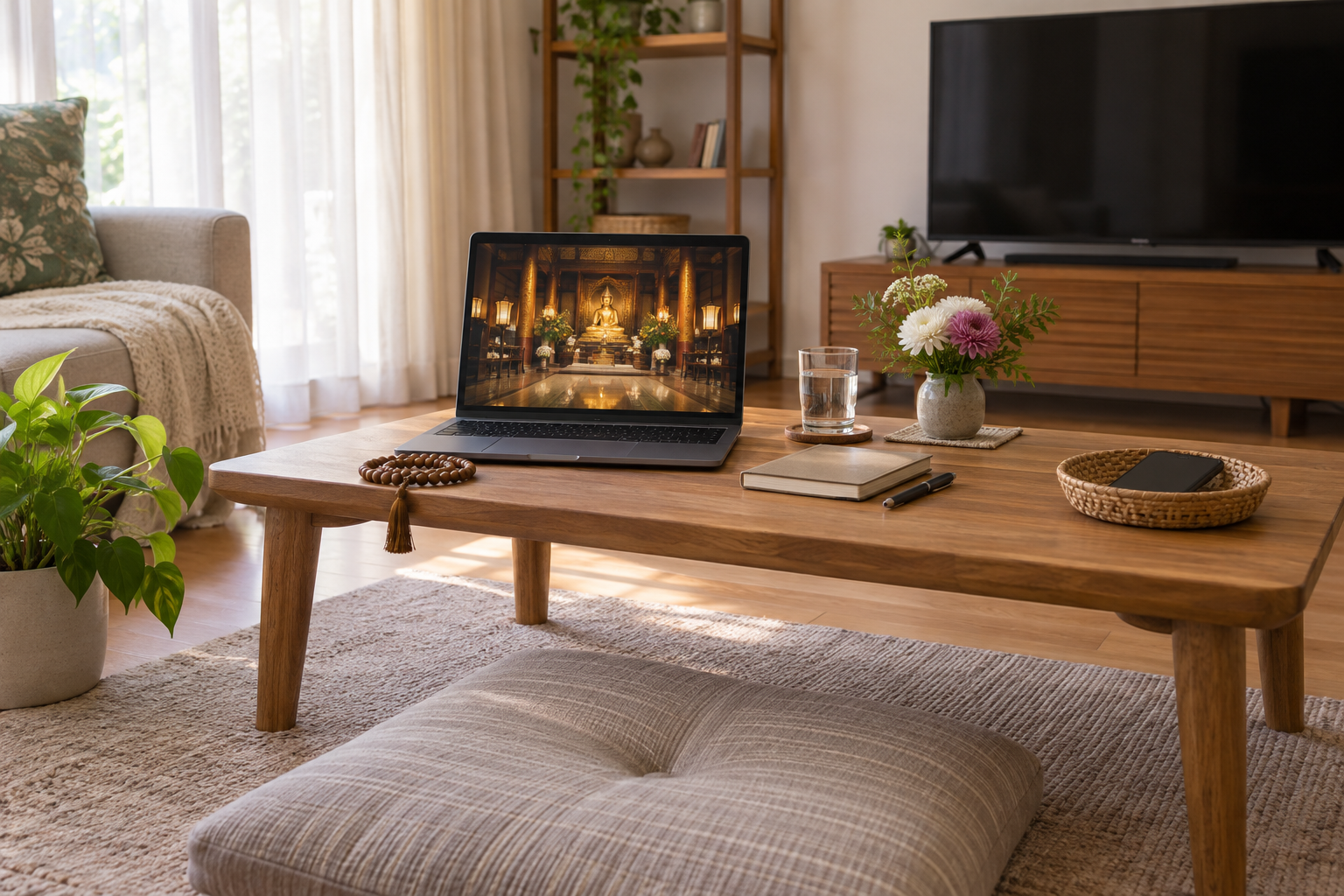 A quiet living room is prepared for a devotional broadcast with a laptop, floor cushion, prayer beads, notebook, and phone set aside.