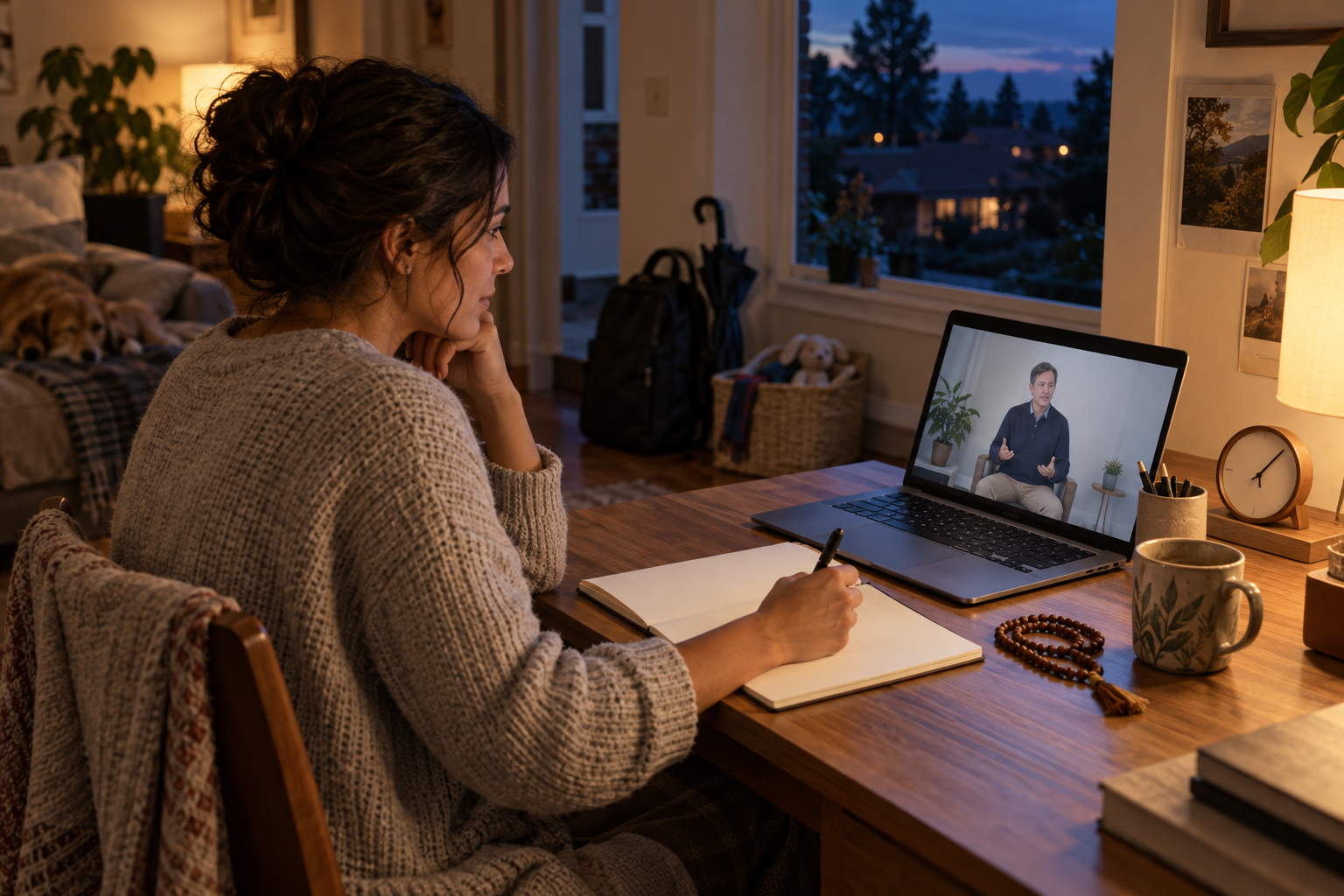 An adult watches a recorded scripture lesson and takes notes in the evening while everyday family and work items remain in the background.