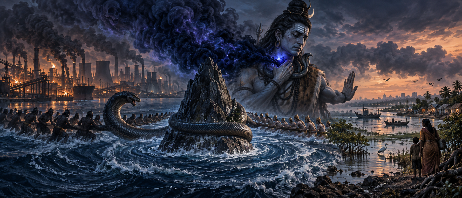 A cosmic ocean is churned around a mountain as dark poison rises into smoke over factories, while Shiva contains the toxic cloud between the industrial shore and a nearby community.