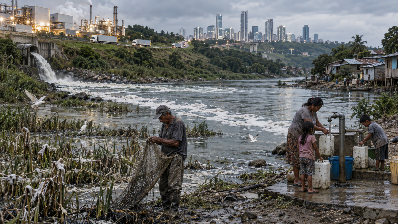 A factory sends trucks toward a distant city while its discharge flows downriver toward a settlement where residents collect water and a fisher holds an empty net.